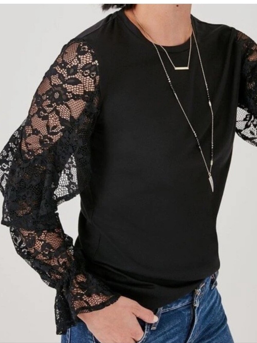 Stella & Dot Black Lace Layered Sleeve Long-Sleeve Tee